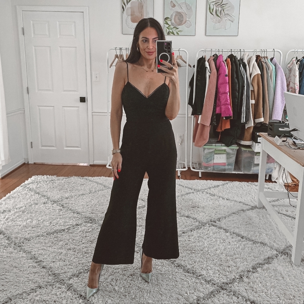 Wayf black lace bodice wide leg jumpsuit